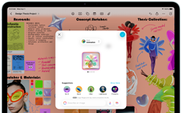 iPad Air, pohled zepředu, orientace na šířku, tlačítka zvýšení a snížení hlasitosti a tlačítko napájení, na displeji se zobrazuje barevné rozhraní aplikace s různými ikonami